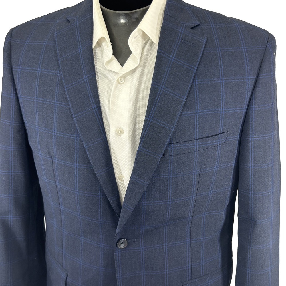 DKNY Sport Coat Mens 42R Navy Blue Plaid 100% Wool Natural Stretch Blazer